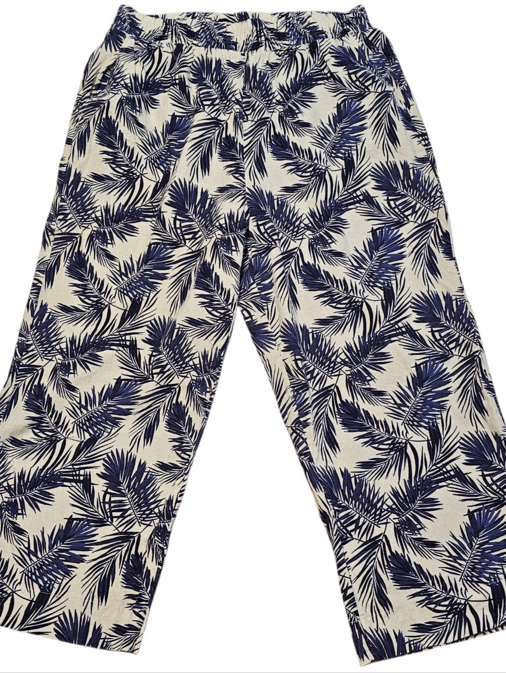 Panama Jack Womens White Blue Tropical Palm Linen Blend Wide Leg Pants Sz XL